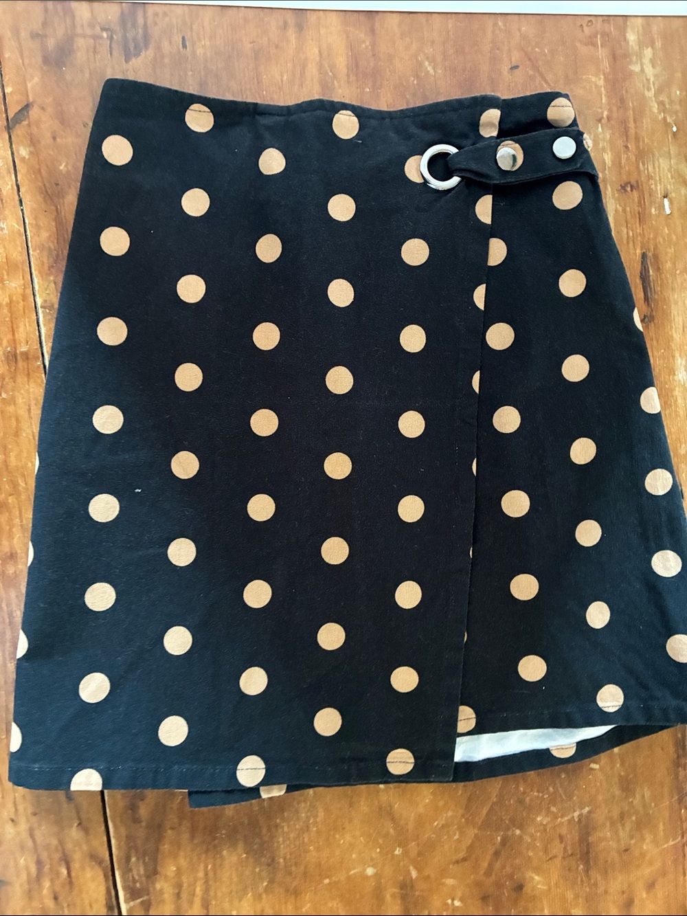 Vintage Black Tan Polka Dot Wrap Mini Skirt Grommet Belt (marked XL, fits S-M)